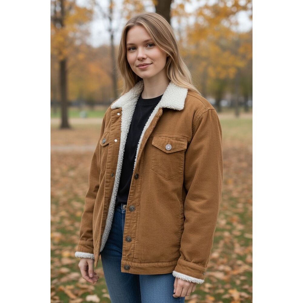 Rue 21 Corduroy Tan Button-down‎ Jacket with Fleece Lining